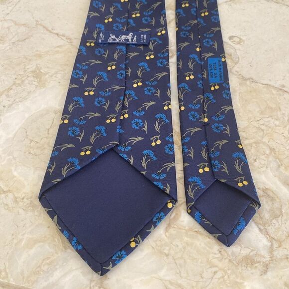 Hermes 100% Silk Tie Floral Blue Dianthus - Picture 8 of 12
